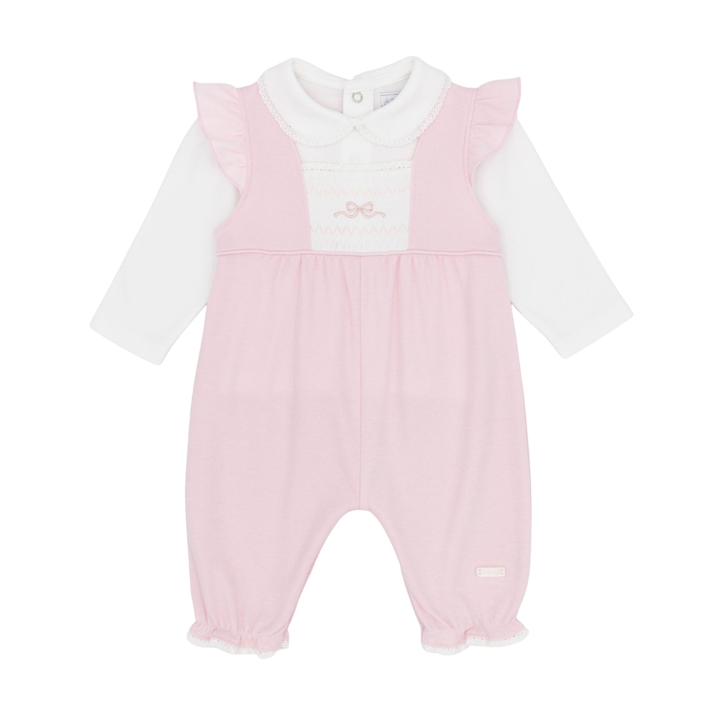 Amore baby girls pink romper and white long-sleeved collared top two-piece outfit with embroidered bow and frill detail