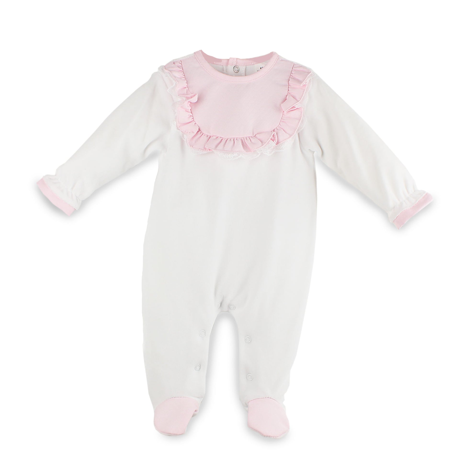 White baby onesie with pink ruffle collar on a white background