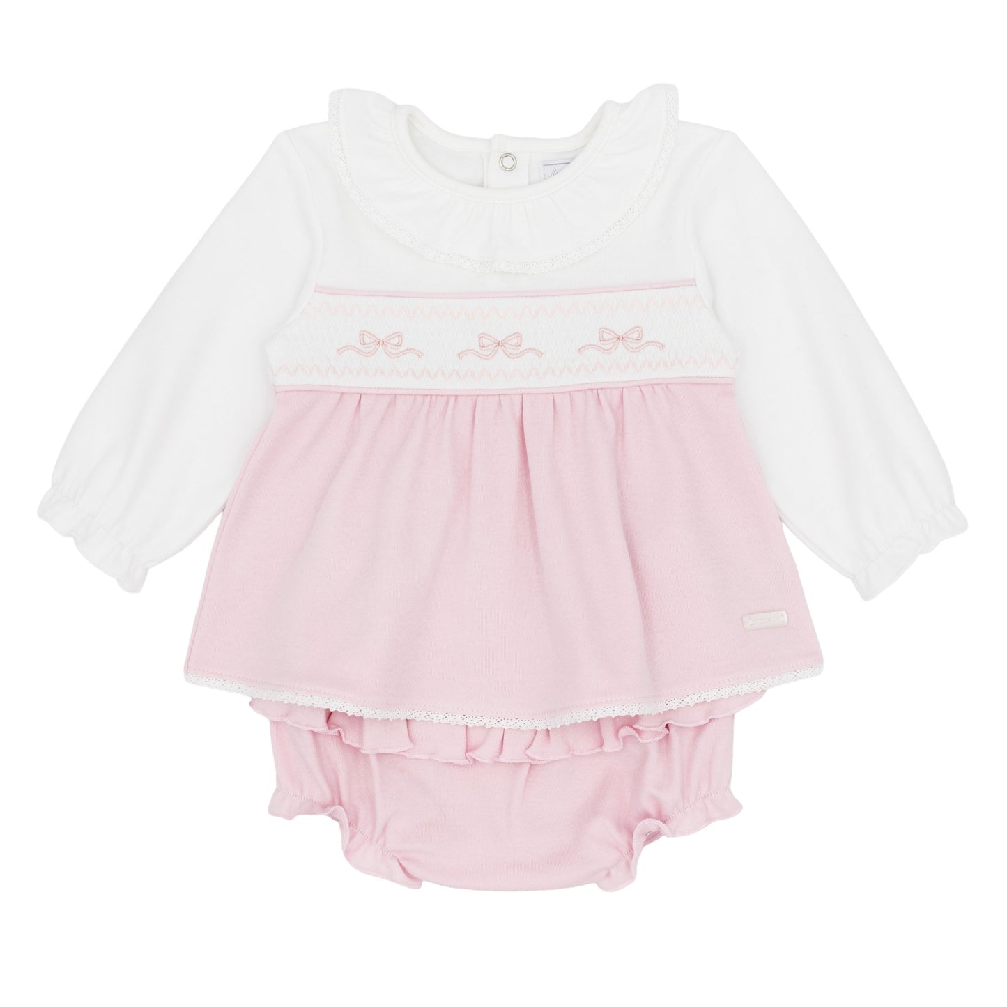 Amore baby girls pink and white smocked top with embroidered bows and matching frilled knickers