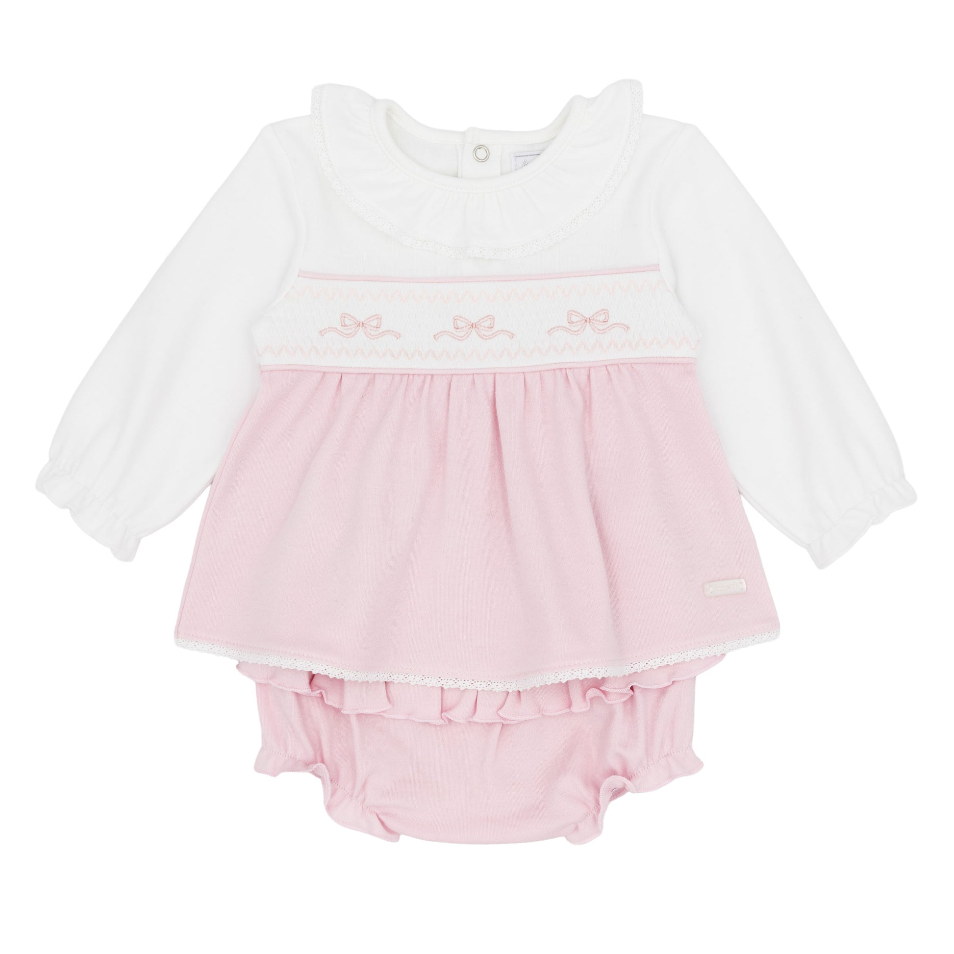 Amore baby girls pink and white smocked top with embroidered bows and matching frilled knickers