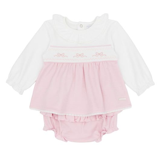 Amore baby girls pink and white smocked top with embroidered bows and matching frilled knickers