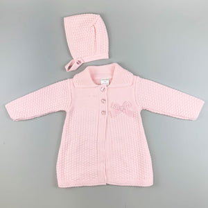 Baby Girls Pink Knitted Coat -  with Bonnet