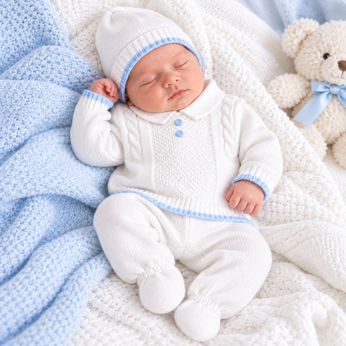 Baby boys white knitted three piece outfit with blue trim, footed trousers and matching hat