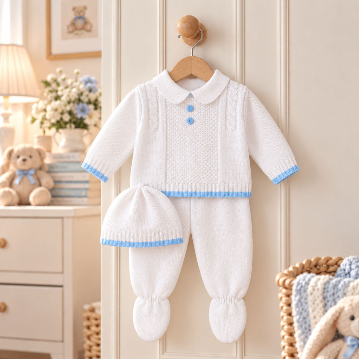 Baby Boys White Knitted 3 Piece Outfit with Hat – Made in Portugal