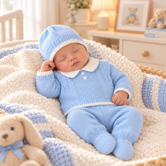 Baby boys blue knitted three piece outfit with white collar, footed trousers and matching hat