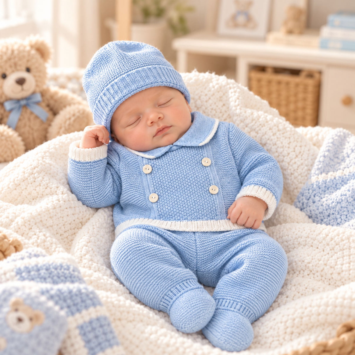 Baby boys blue knitted three piece outfit with white trim, footed trousers and matching hat
