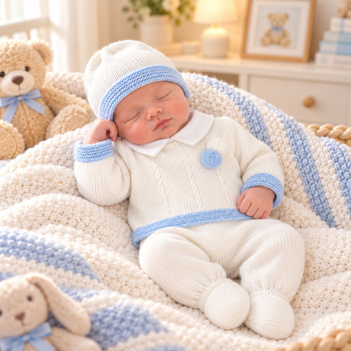 Baby boys white knitted three piece outfit with blue trim and pom pom detail