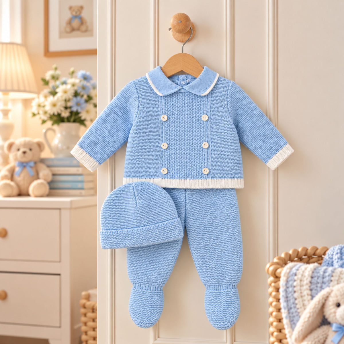 Baby Boys Blue Knitted 3 Piece Outfit with Hat – Made in Portugal