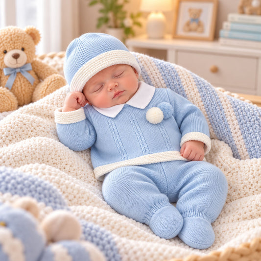Baby boys blue knitted three piece outfit with white collar and pom pom detail