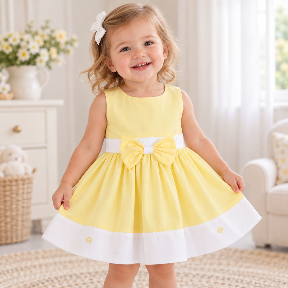 A toddler girl wearing a sleeveless yellow dress with a white waistband, large bow, and white hem trim, standing in a bright nursery-like room.