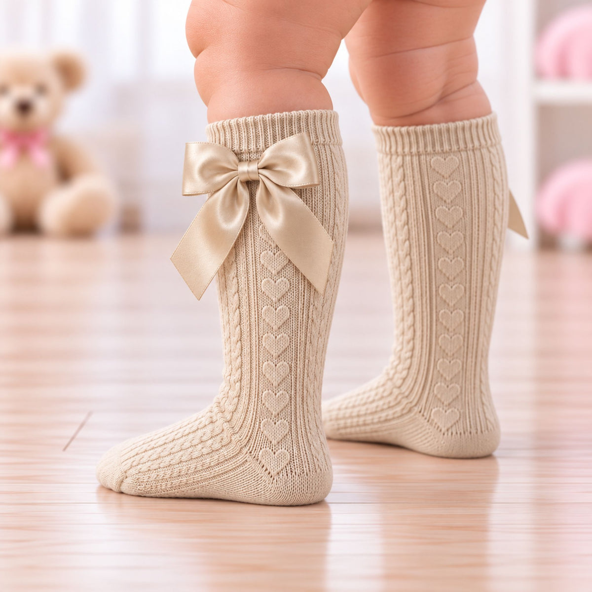 A close-up of a baby's legs wearing beige cable-knit socks with a large satin bow on the front and heart patterns down the sides, standing on a wooden floor with a blurred teddy bear in the background.