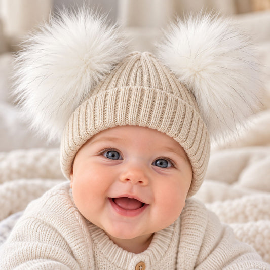 Beige Double Pom Pom Baby Hat with White Faux Fur Poms