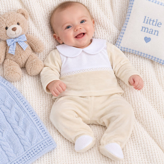 baby in beige velour 2 piece