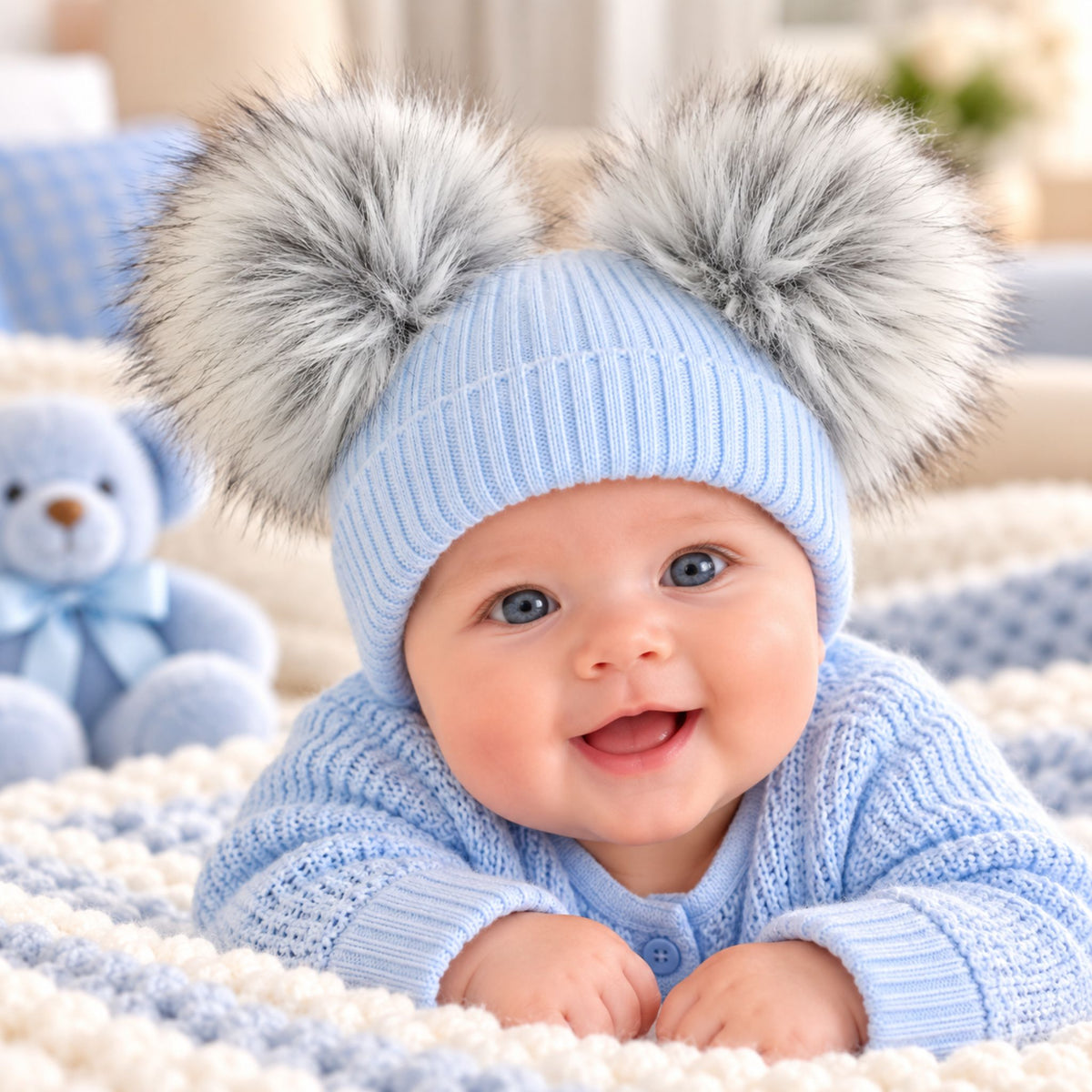 Baby Knitted Double Pom Pom Hat with Grey Faux Fur Poms