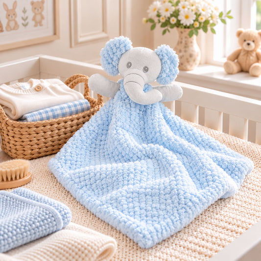 A soft blue textured baby security blanket with a plush elephant head, displayed in a styled nursery crib setting alongside other baby items.