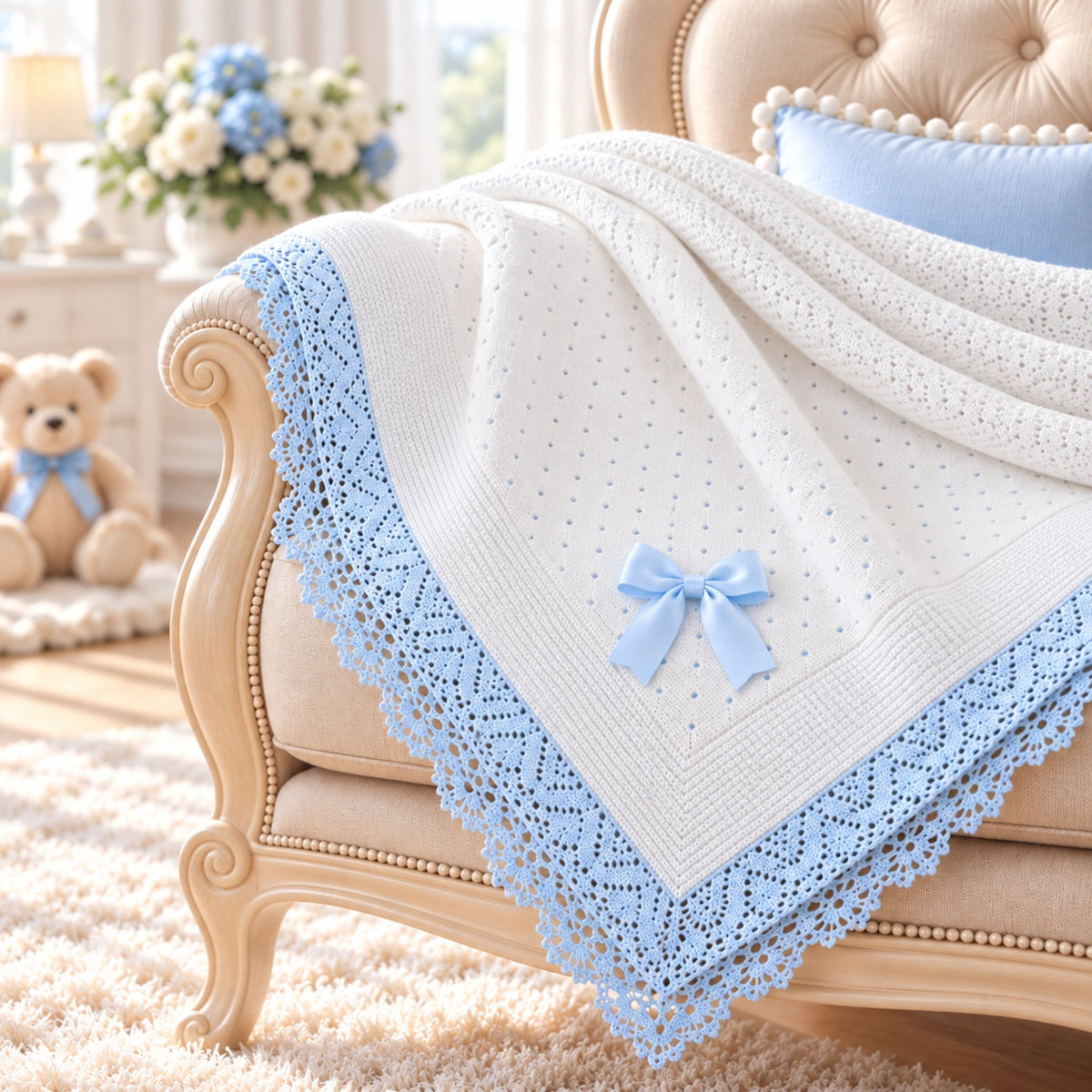baby knitted shawl white and blue