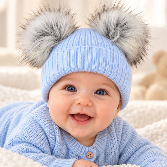 Baby Blue Double Pom Pom Hat with Grey Faux Fur Poms