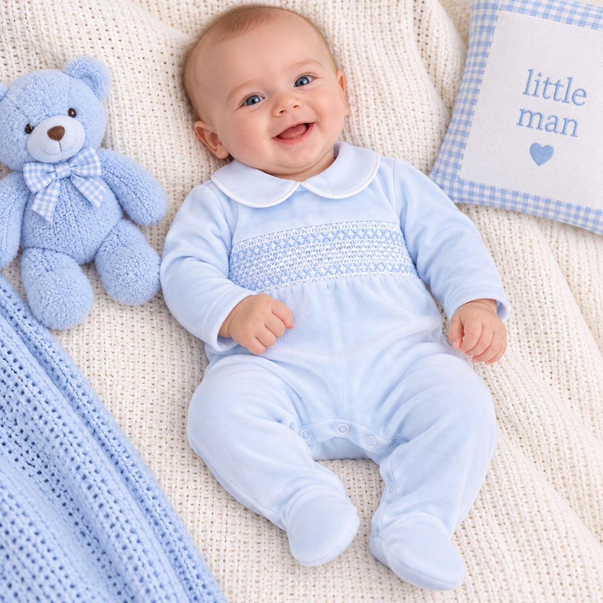 A smiling baby wearing a light blue footed onesie with a Peter Pan collar and smocked chest detail, lying on a cream knit blanket with a blue teddy bear and a pillow that says 'little man'.