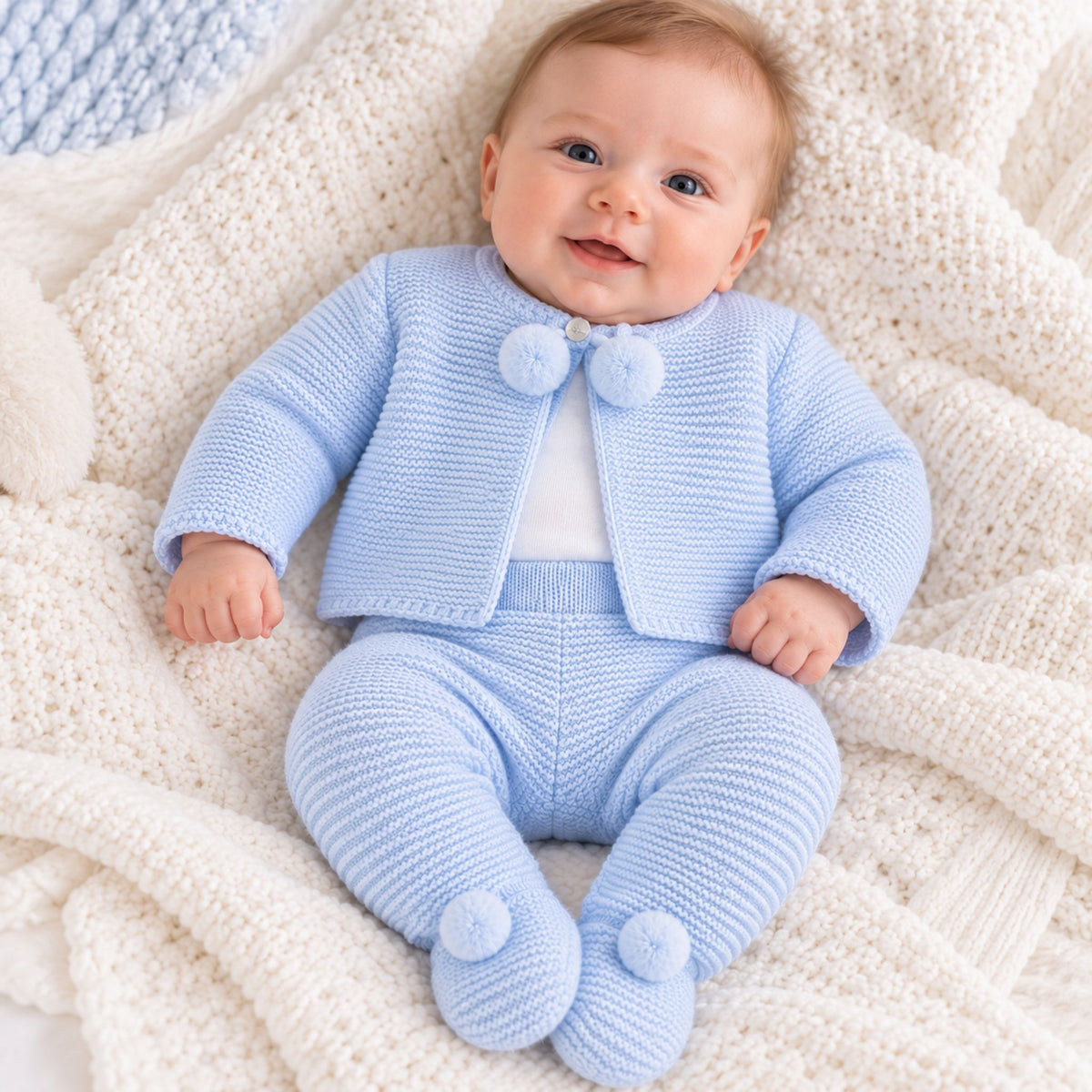 baby boy in blue dandelion 2 piece pram suit outfit by dandelion