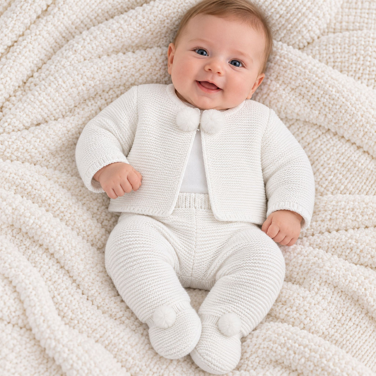 baby whte knit 2 piece pram suit outfit with pom poms by dandelion