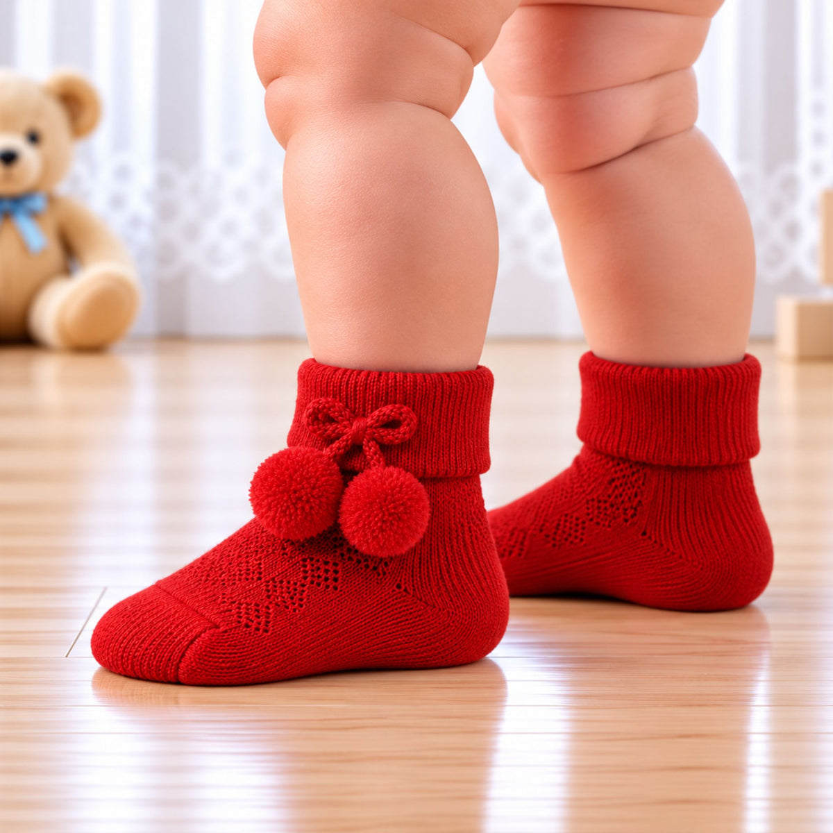 A close-up of a baby's legs wearing bright red knit socks with pom-pom details, standing on a light wooden floor with a soft-focus teddy bear in the background.