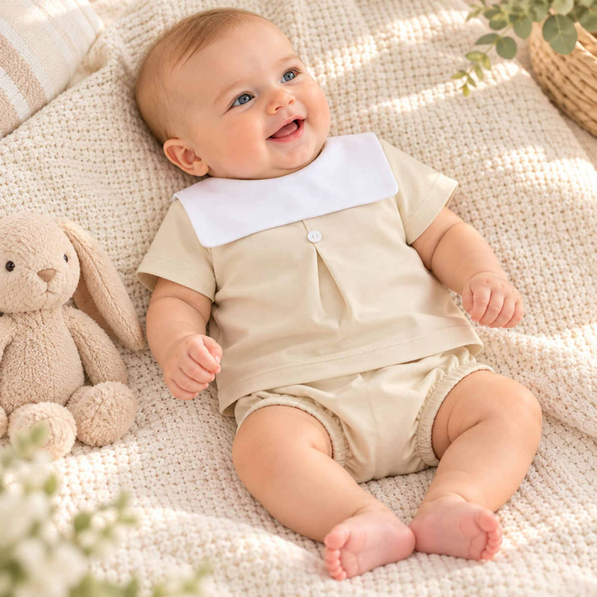 baby boy beige two  piece cotton outfit