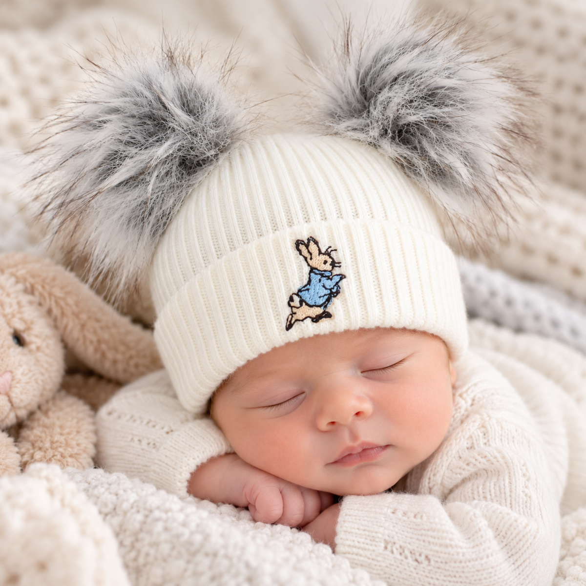 newborn baby hat with rabbit embroidery