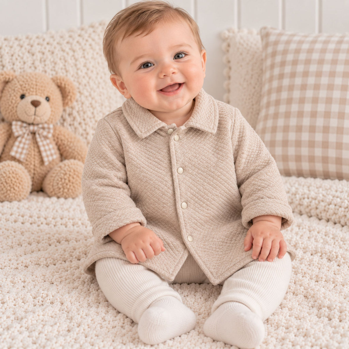 A baby sitting on a cream knit blanket, wearing a beige textured button-front cardigan and cream knit booties. A teddy bear and pillows are visible in the background.