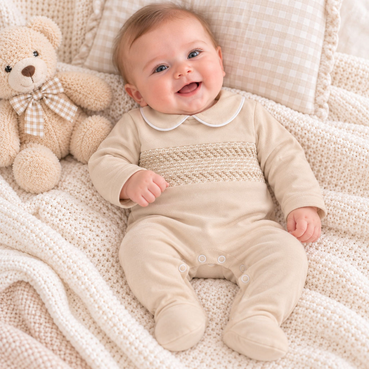baby boy beige cotton babygrow sleepsuit with smocking