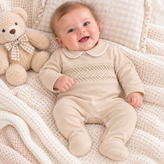 baby boy beige cotton babygrow sleepsuit with smocking