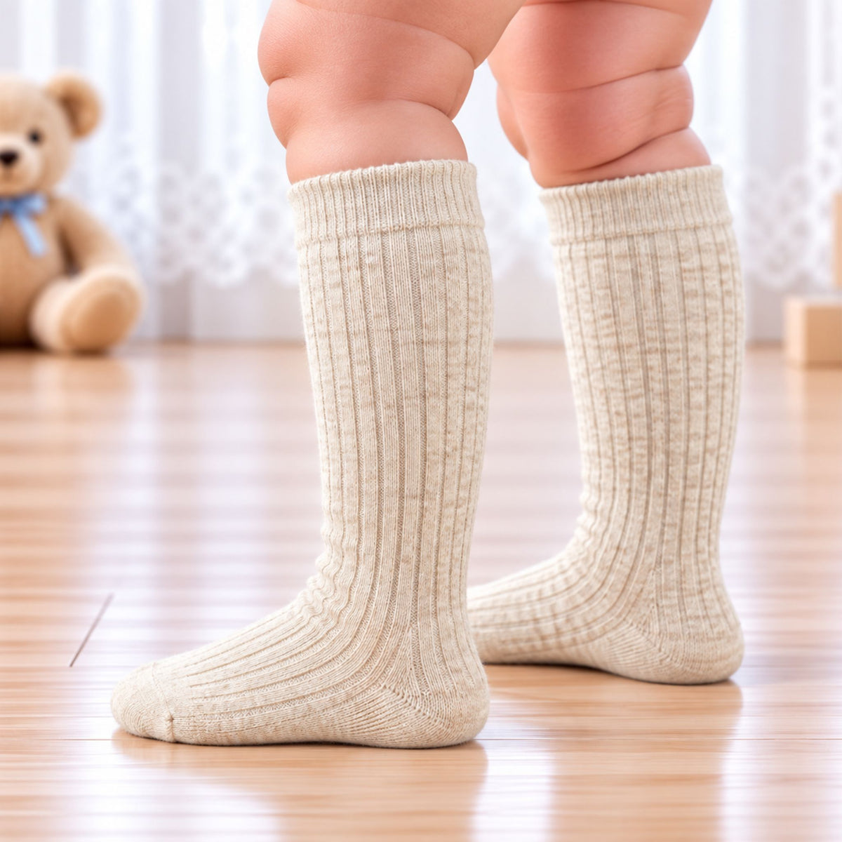 A close-up of a child's legs wearing ribbed beige-colored knee-high socks, standing on a light wooden floor with a soft-focus teddy bear in the background.