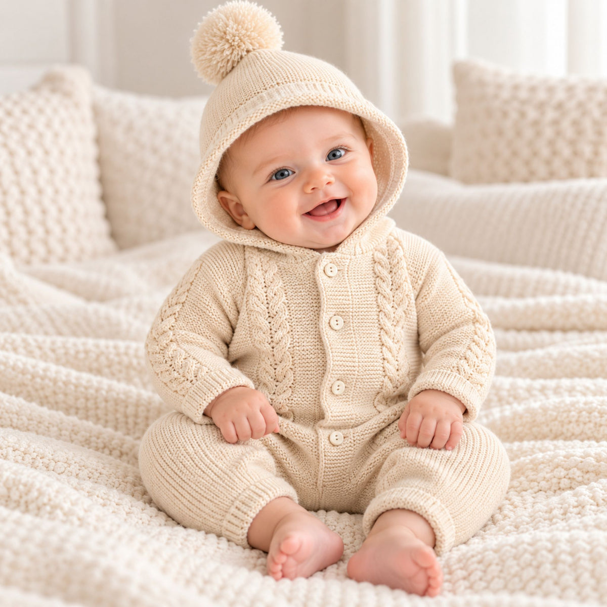 Beige Knitted Baby All In One Pramsuit- With Hood