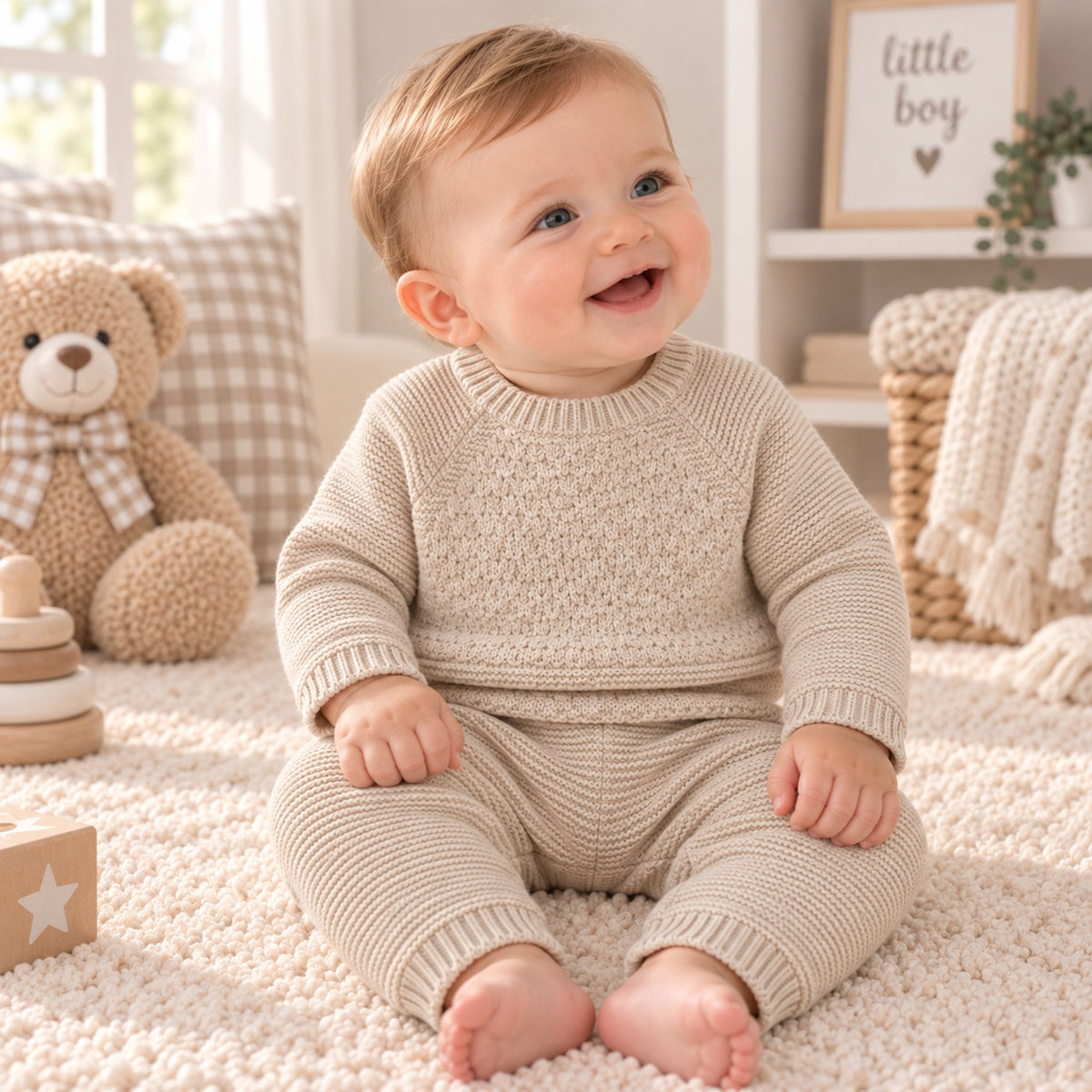Little Nosh Unisex Beige Knitted Baby Outfit Set