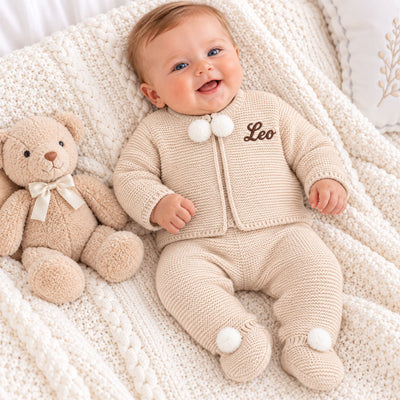 Personalised Dandelion Unisex Baby Knitted Two Piece Pram Suit