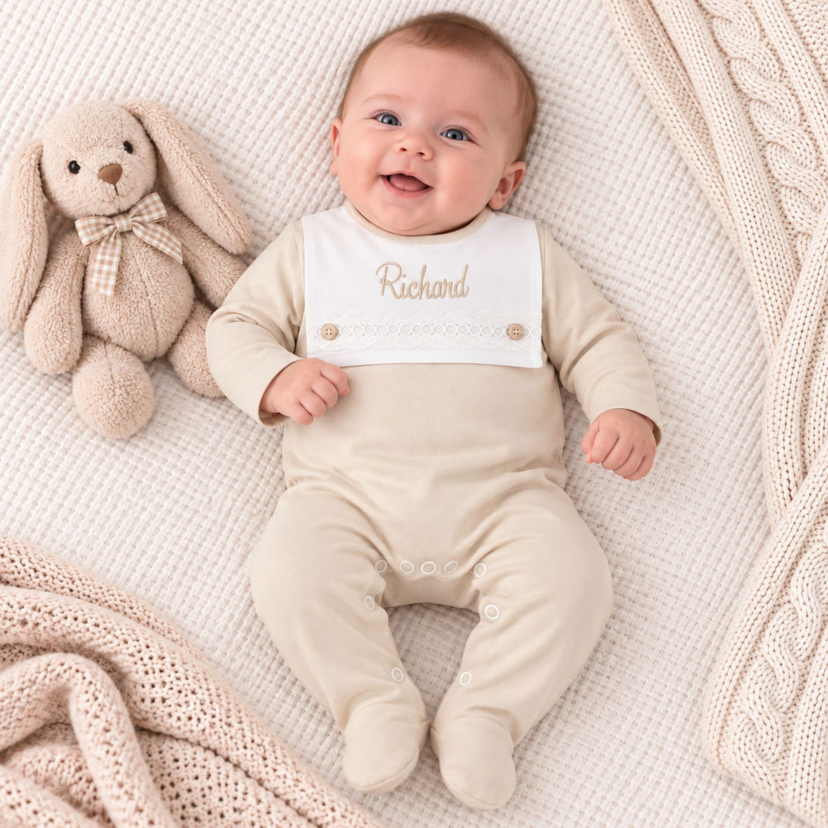 baby boys beige personalised sleepsuit
