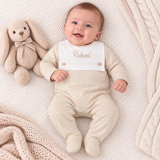 baby boys beige personalised sleepsuit