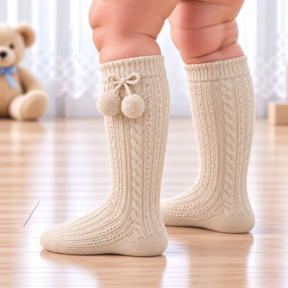 baby boy beige pom socks
