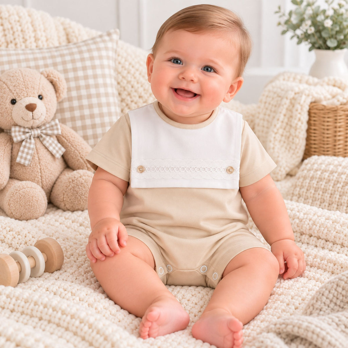 A smiling baby sitting on a cream knit blanket, wearing a beige short-sleeve romper with a white bib. A teddy bear and soft nursery decor are visible in the background.