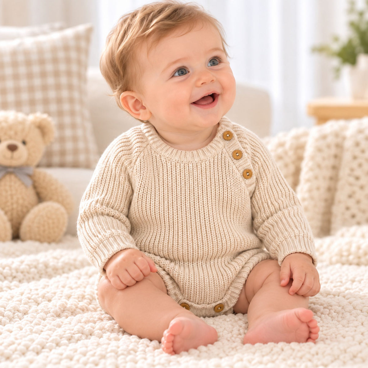 A baby sitting on a cream knit blanket wearing a cream ribbed knit long-sleeve romper with brown buttons, with a teddy bear and soft home decor in the background.