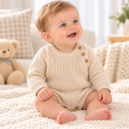 A baby sitting on a cream knit blanket wearing a cream ribbed knit long-sleeve romper with brown buttons, with a teddy bear and soft home decor in the background.