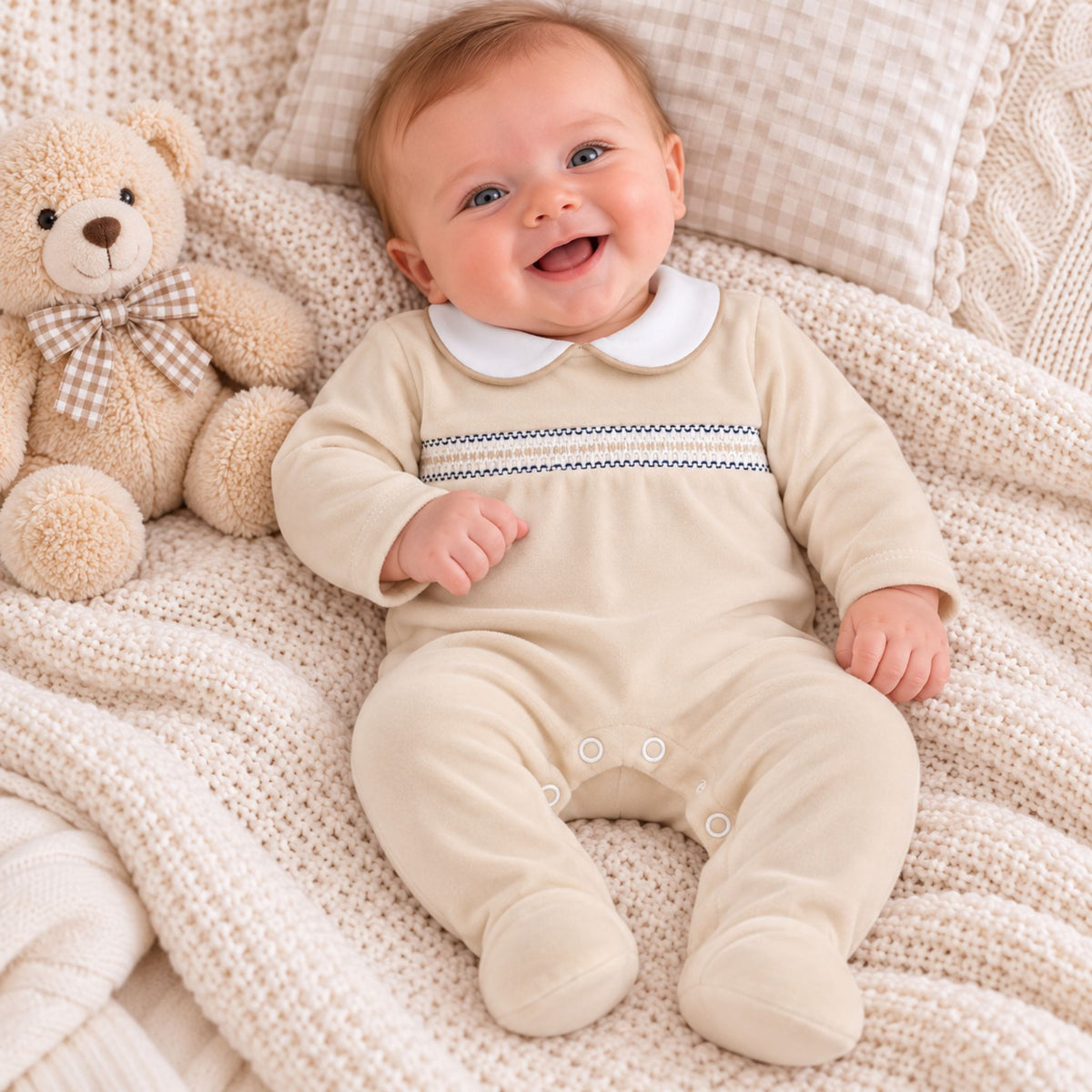 baby boy with beige velour sleepsuit in a traditional style