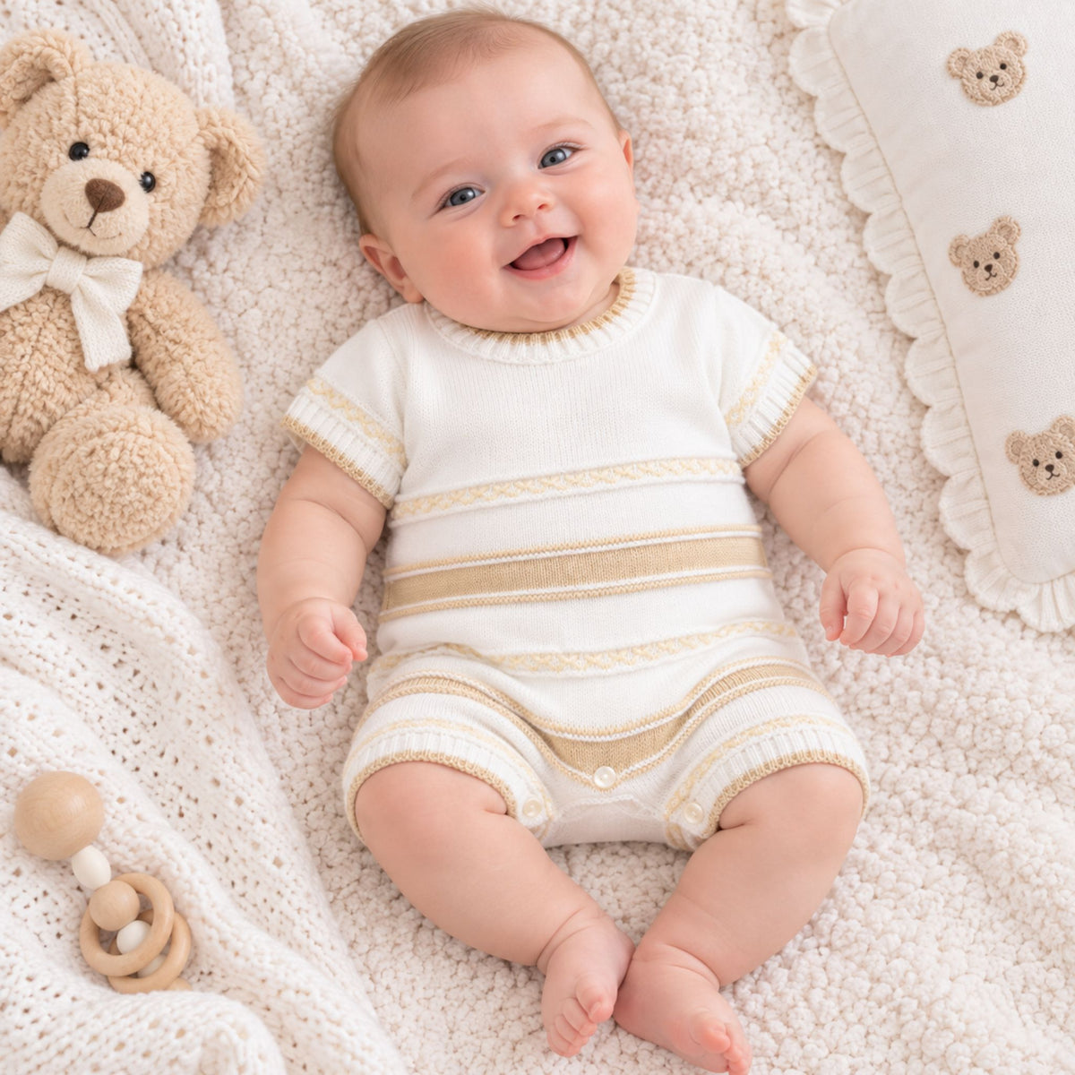A smiling baby lying on a soft cream knit blanket, wearing a short-sleeve cream knit romper with beige horizontal stripes. A teddy bear toy and a matching pillow are visible around the baby.