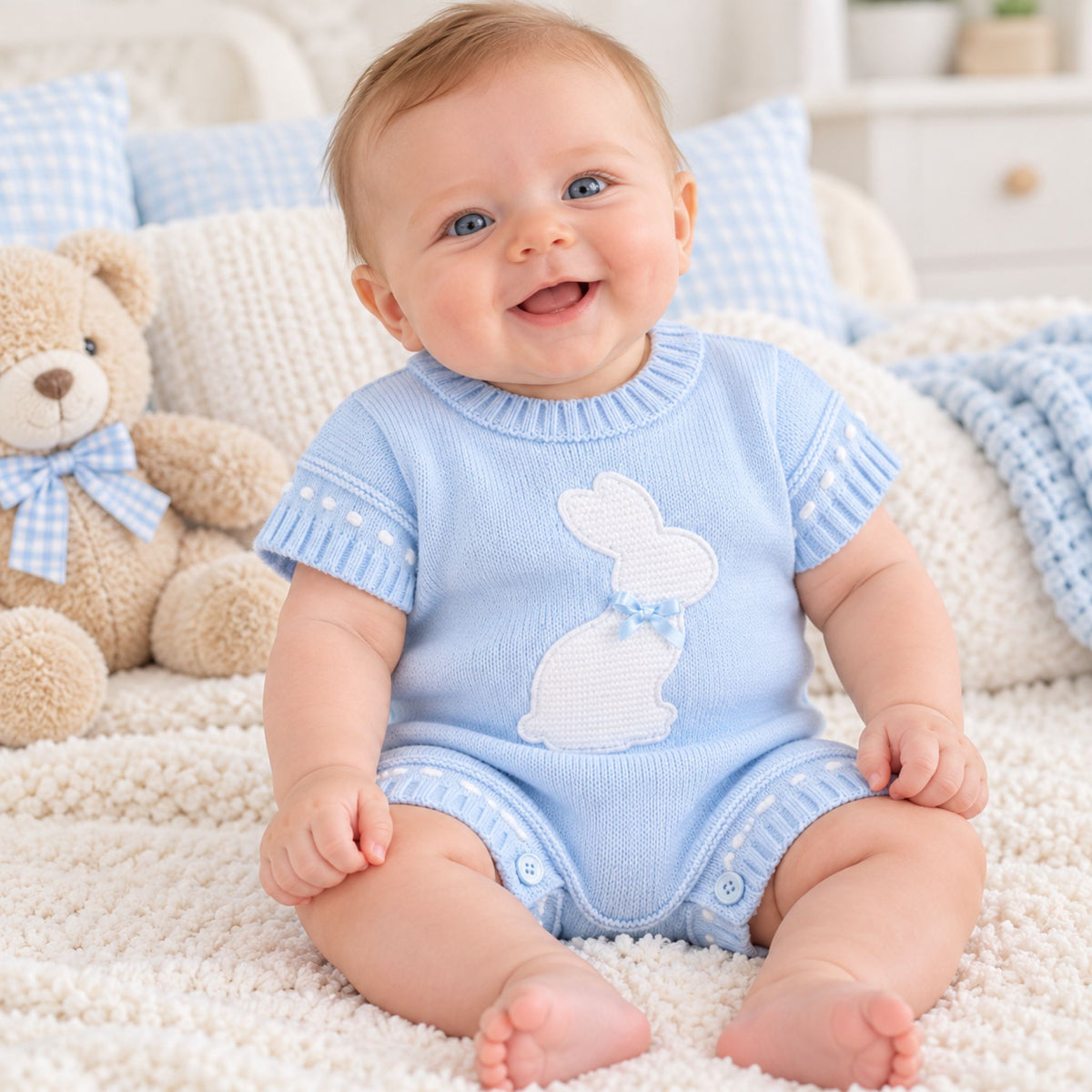 baby boy blue knitted romper with bunny by dandelion