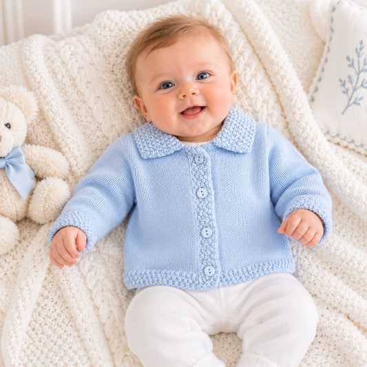 blue baby cardigan by dandelion with collar
