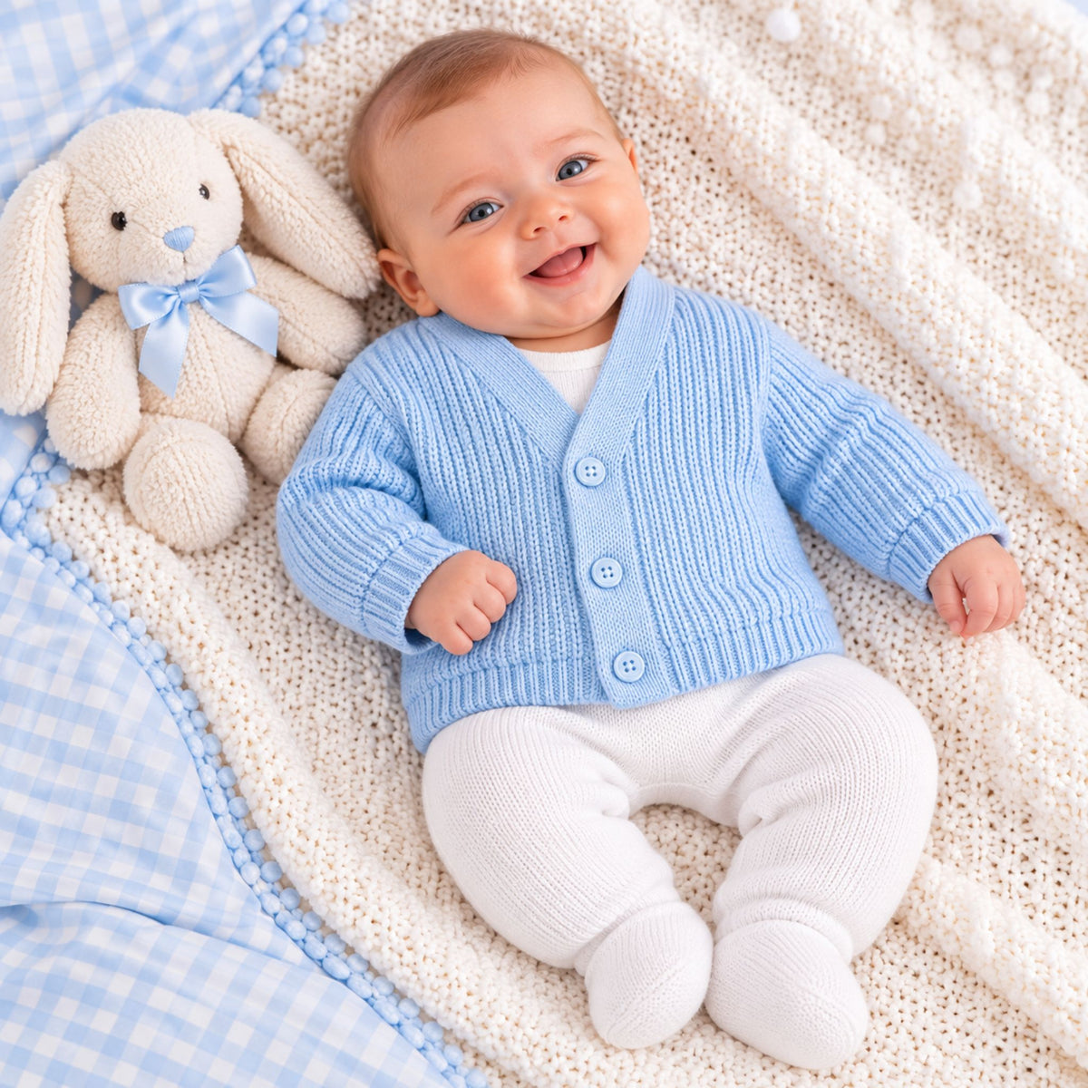 A smiling baby lying on a cream knit blanket next to a plush bunny, wearing a light blue ribbed cardigan with buttons and white footed pants.