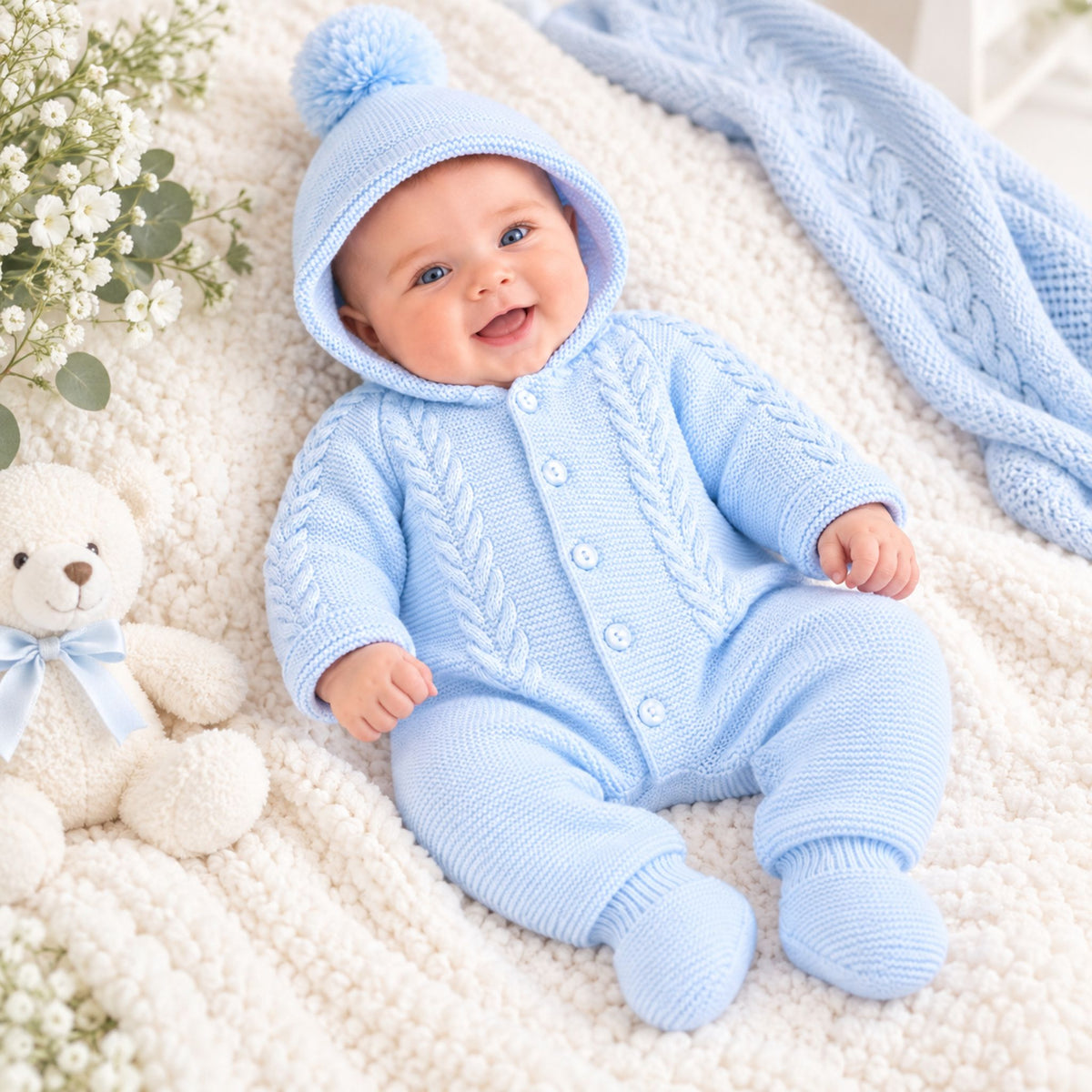 baby boy all in one with hood knitted by dandelion
