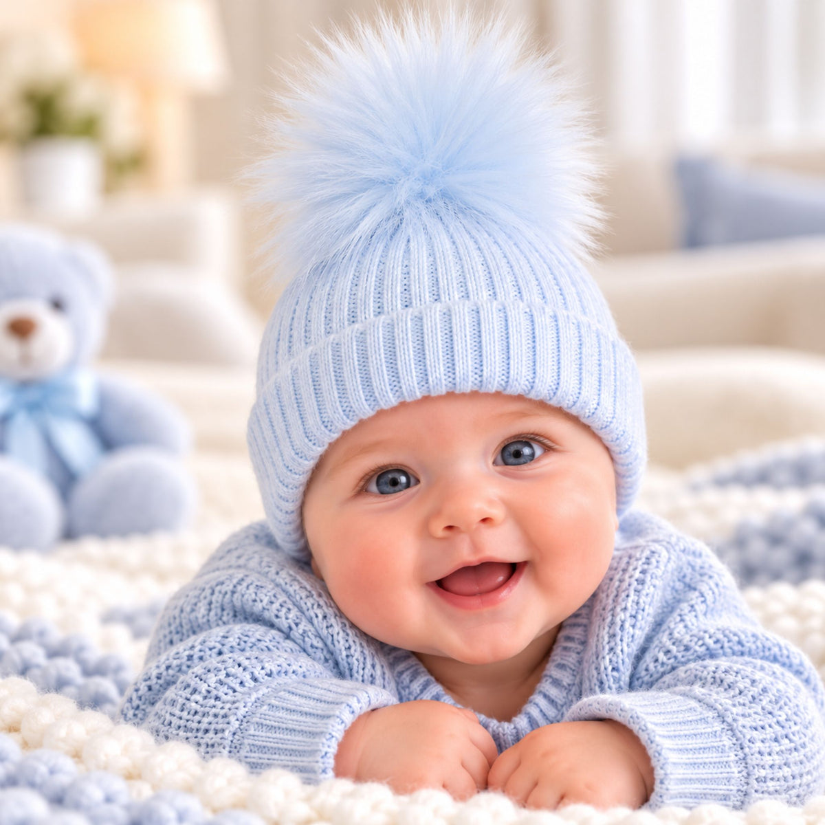 A smiling baby wearing a light blue ribbed knit beanie with a large fluffy pom-pom and a matching light blue knit outfit, lying on a soft cream and blue blanket in a cozy indoor setting.
