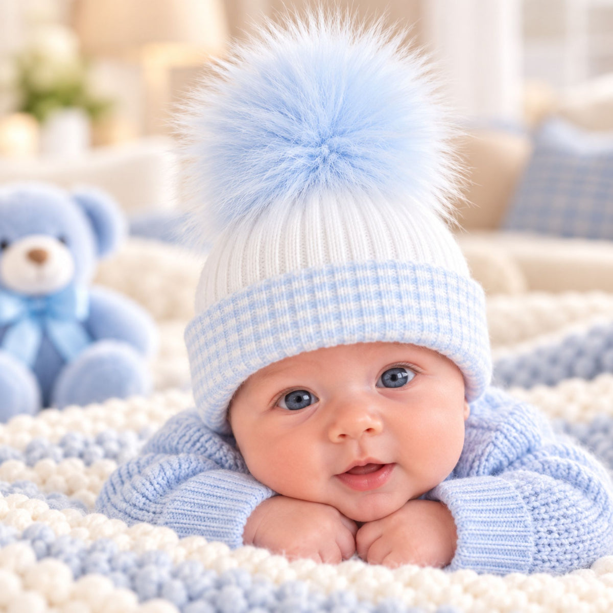 A baby wearing a white and light blue checkered knit pom-pom beanie and matching blue knit outfit, lying on a textured cream and blue blanket with a plush blue teddy bear in the background.