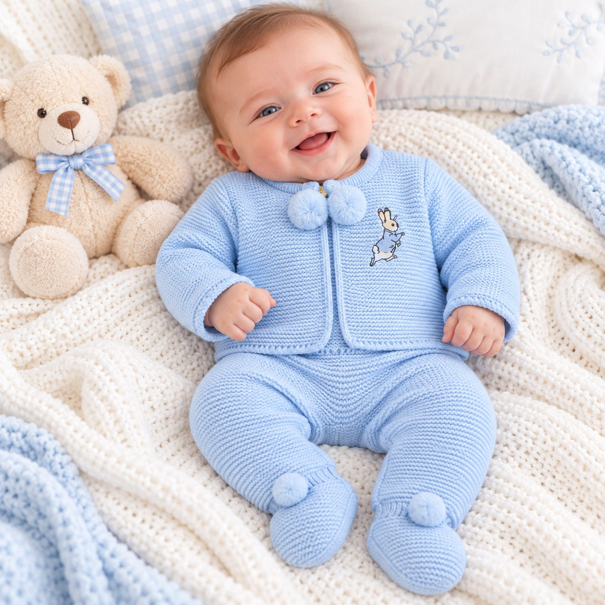 baby boy in pram suit in blue with rabbit embroidery