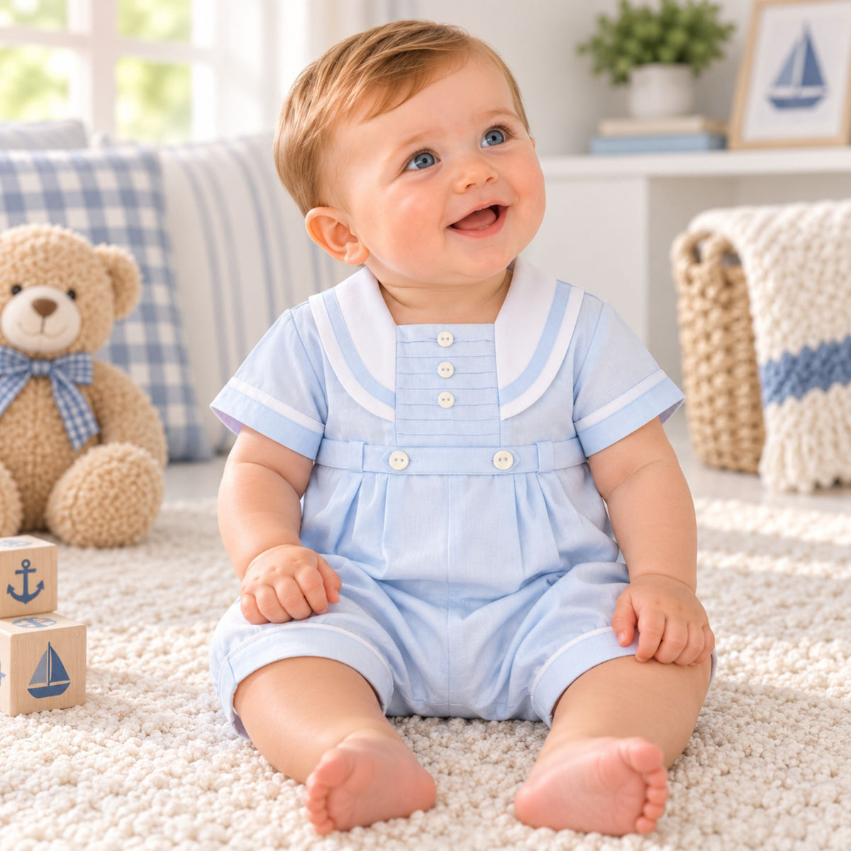 baby boy in pale blue sarah louise romper